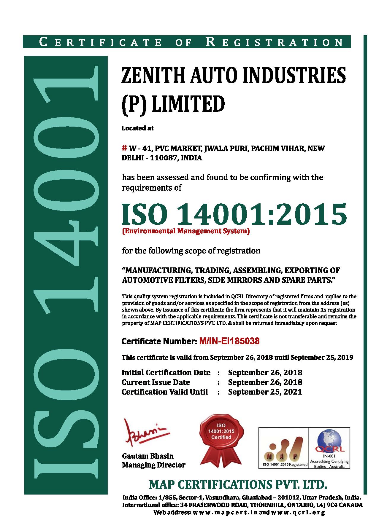 Zenith filters : ISO 9001 : 2105 CERTIFIED
ISO 14001 : 2015 CERTIFIED 
